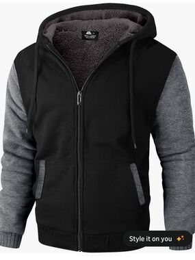 Men's Large Black & Gray Zip-Up Sherpa Lined Warm Hoodie Sweater